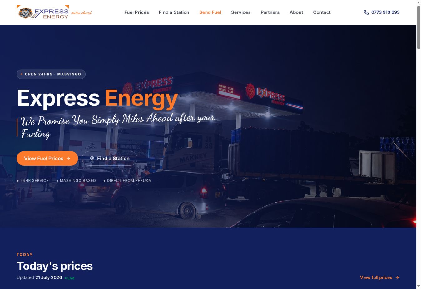 Express Energy homepage with links to fuel prices and station information